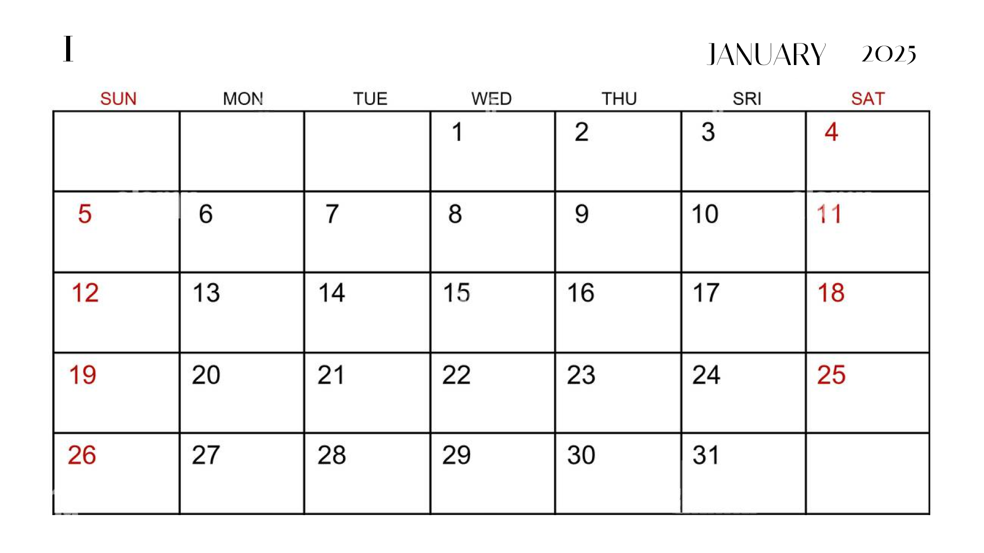 minimalist basic printable january 2025 calendar