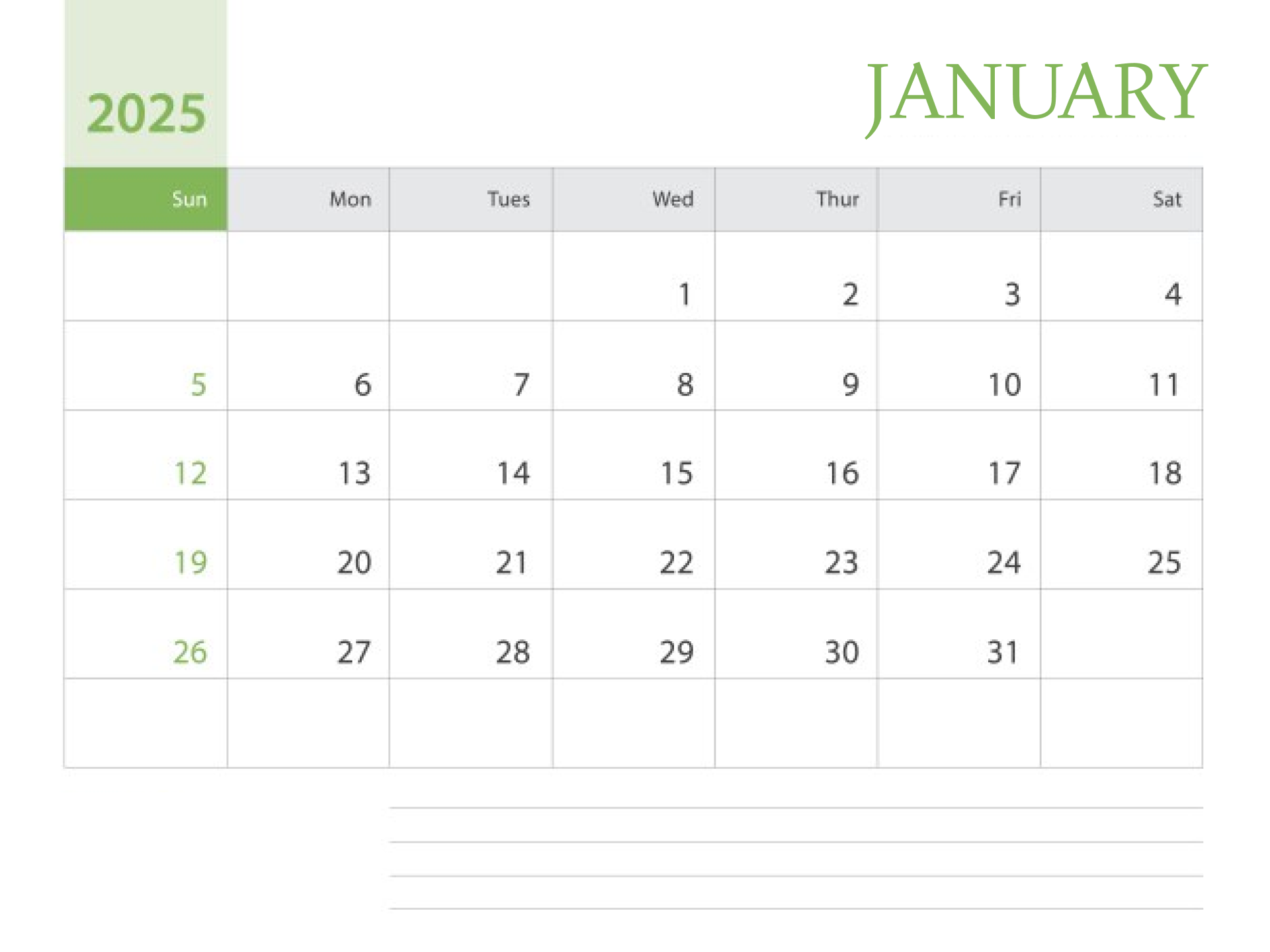 clean green january 2025 calendar