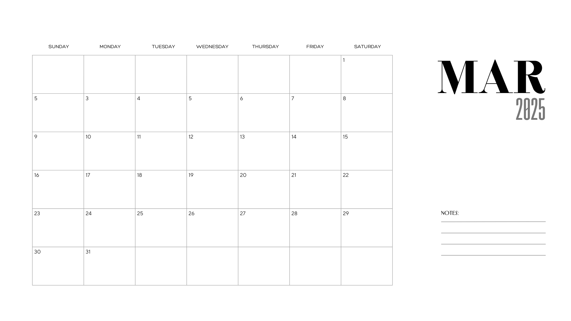 white basic elegant march 2025 calendar