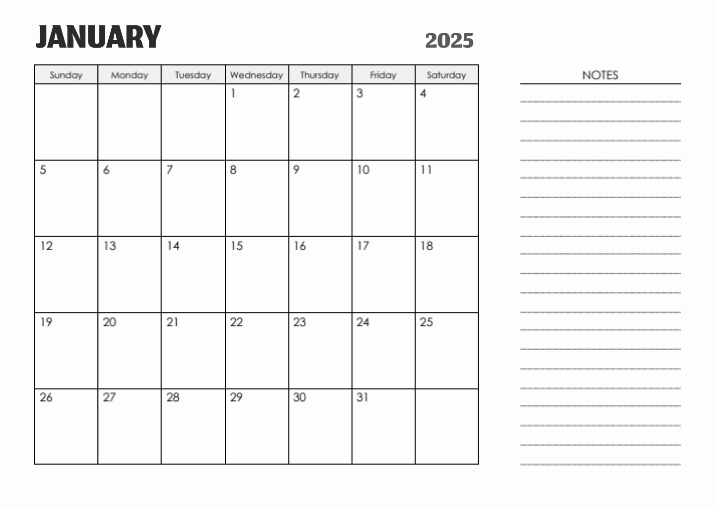 free clean january 2025 calendar