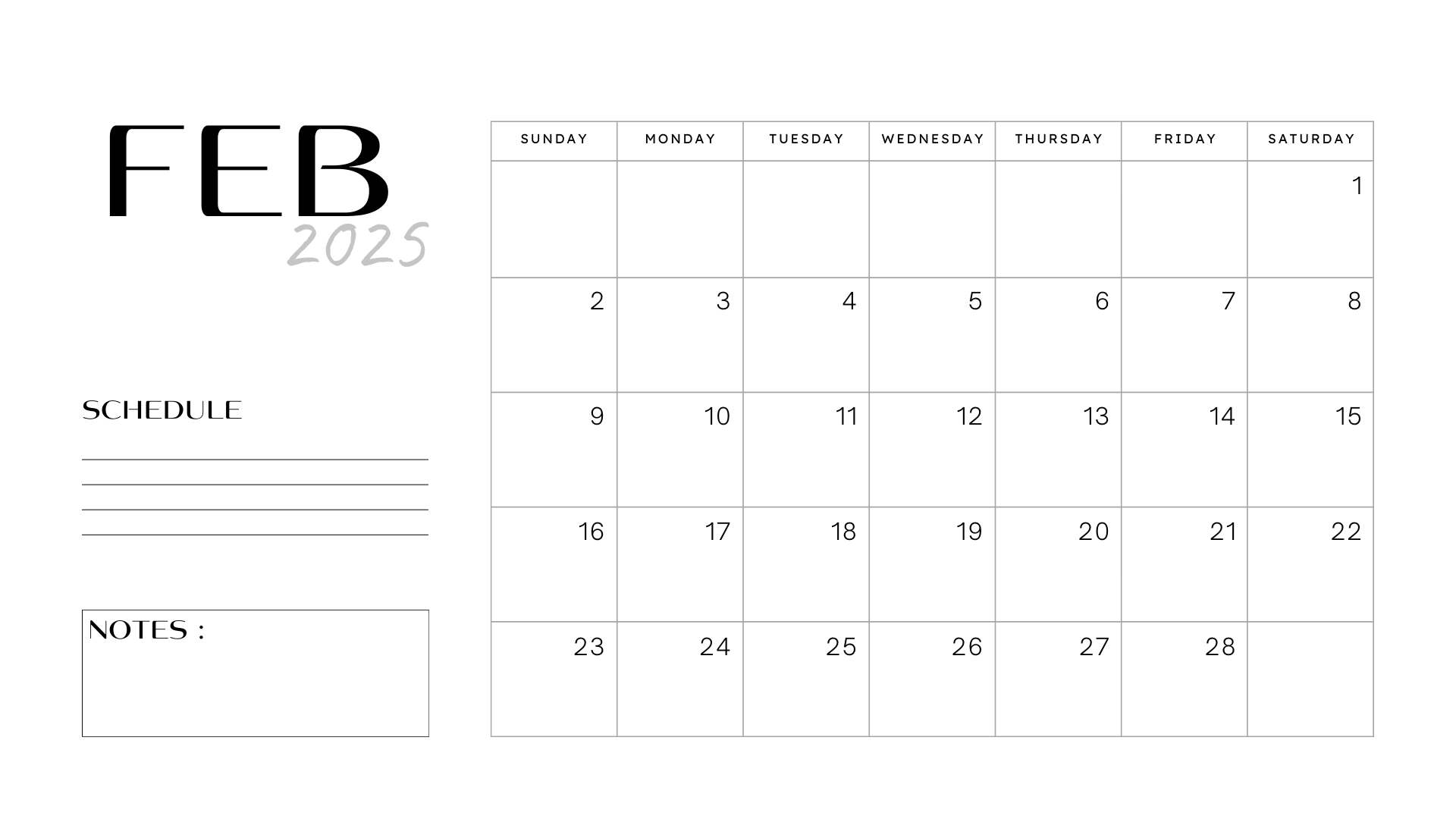 printable white minimalist february 2025 calendar