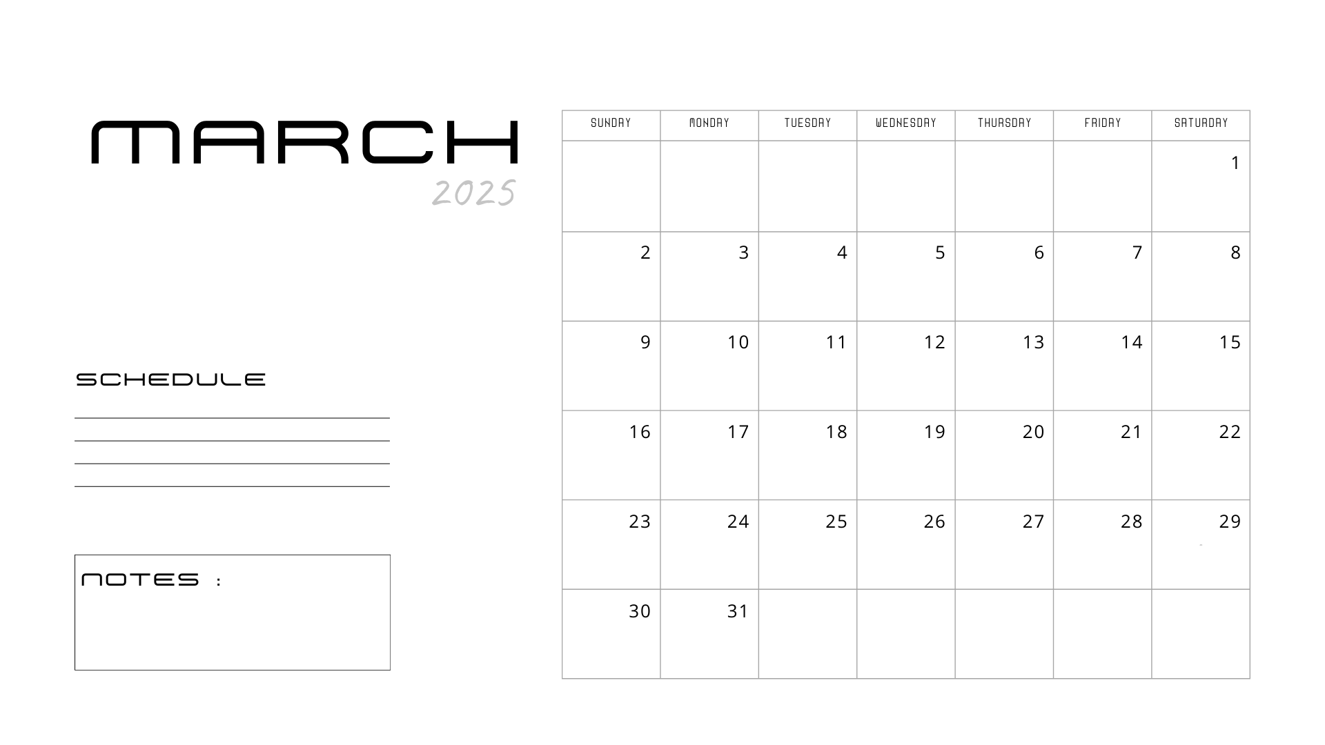 printable white minimalist march 2025 calendar