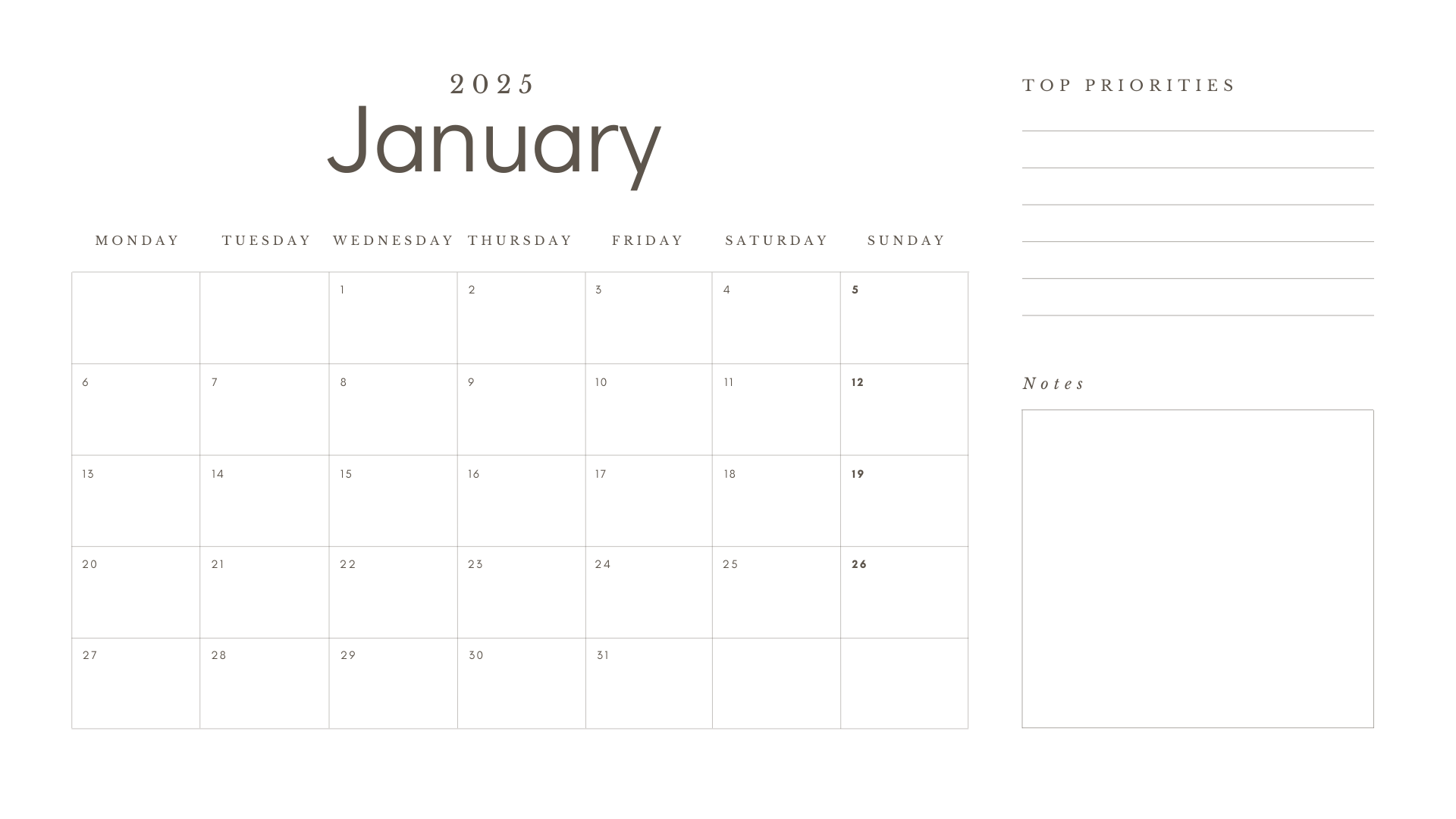 white basic elegant january 2025 calendar