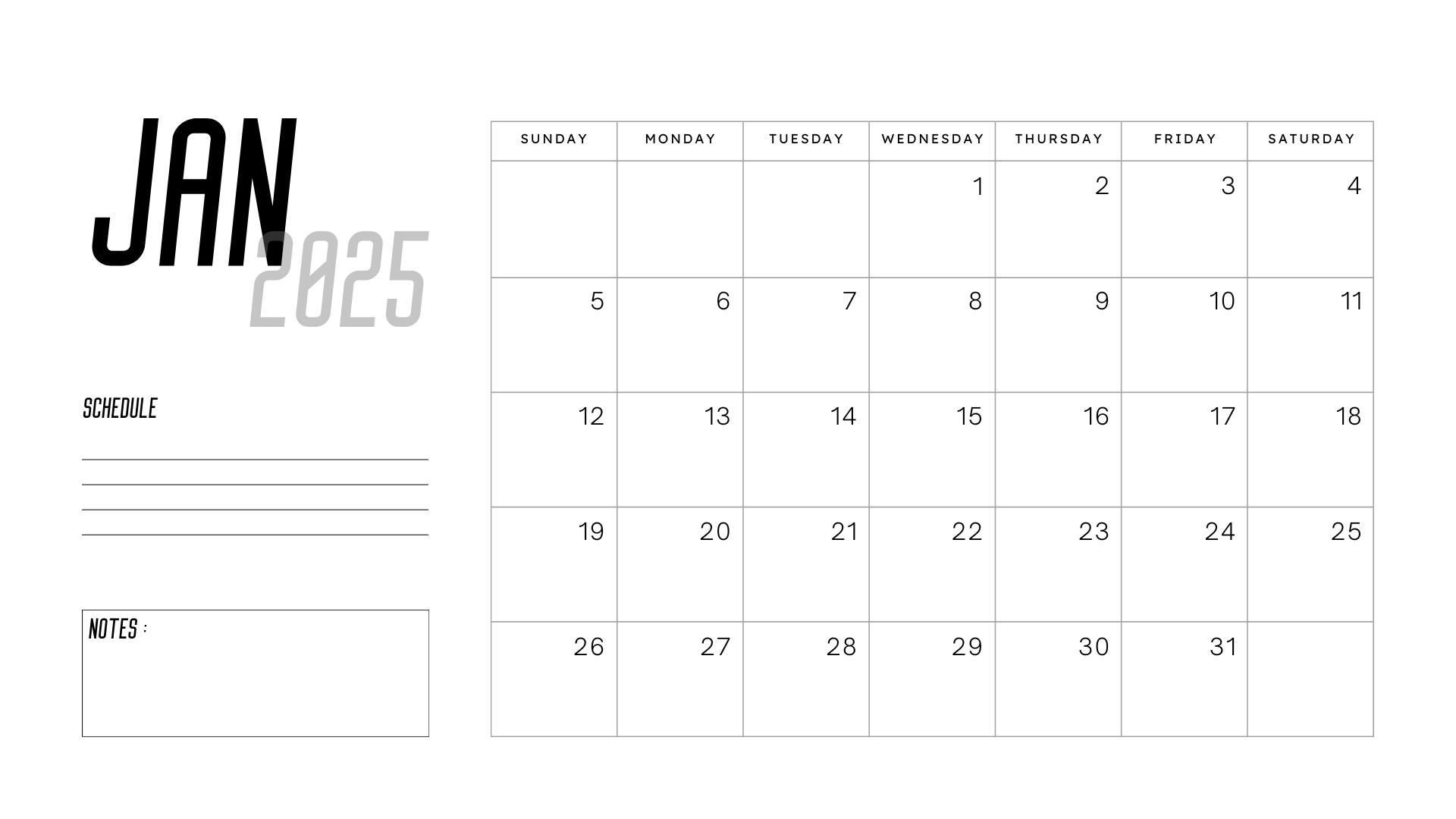 printable white minimalist january 2025 calendar