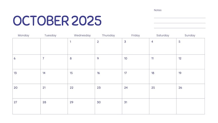 blue simple calendar october 2025