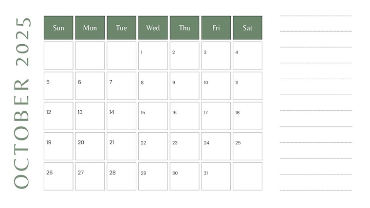 cute green calendar for october for free