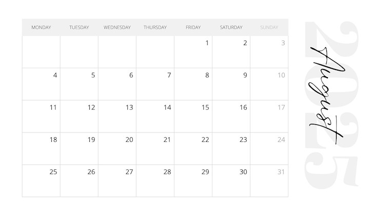 gray elegant calendar august 2025