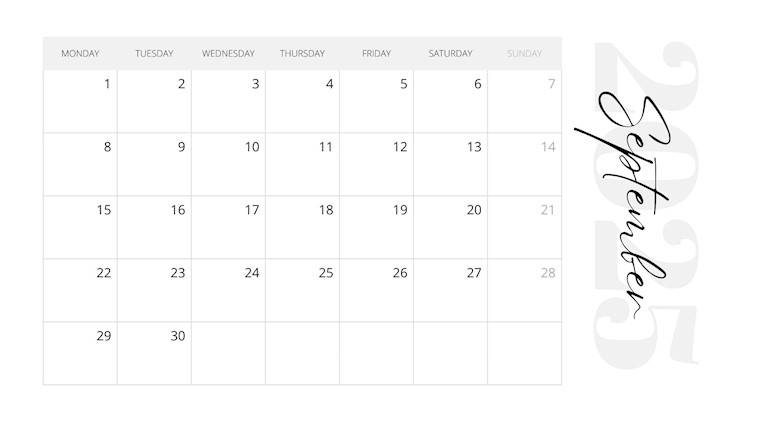 gray elegant calendar september 2025