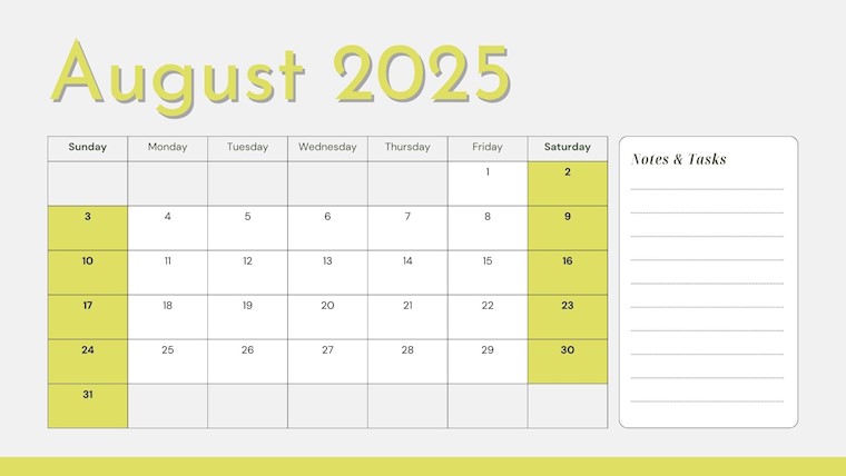 green minimalist calendar august 2025