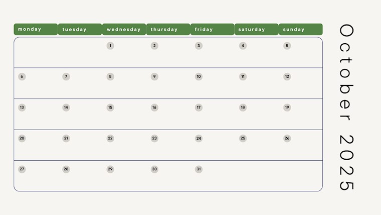 green minimalist calendar october 2025