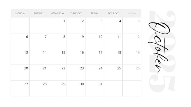 modern grey october 2025 printable calendar