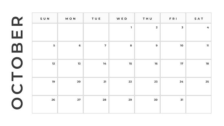 october 2025 black and white modern calendar