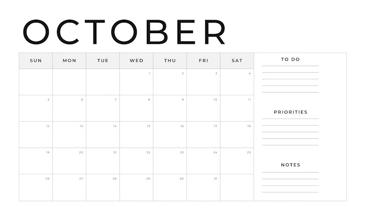 october 2025 simple black and white calendar