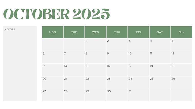 printable green october 2025 calendar