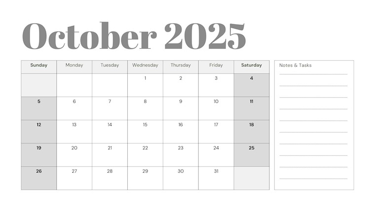 simple october 2025 grey printable calendar