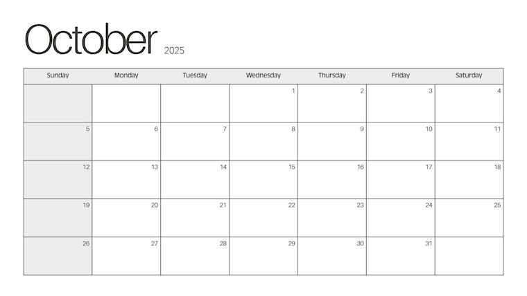 thin line calendar october 2025