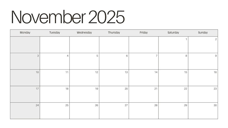 grey toned november 2025 monthly planner