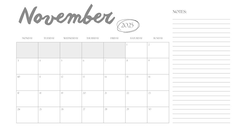 minimal november 2025 printable calendar