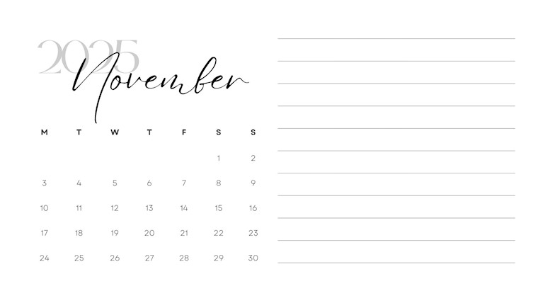 printable november calendar with notes section