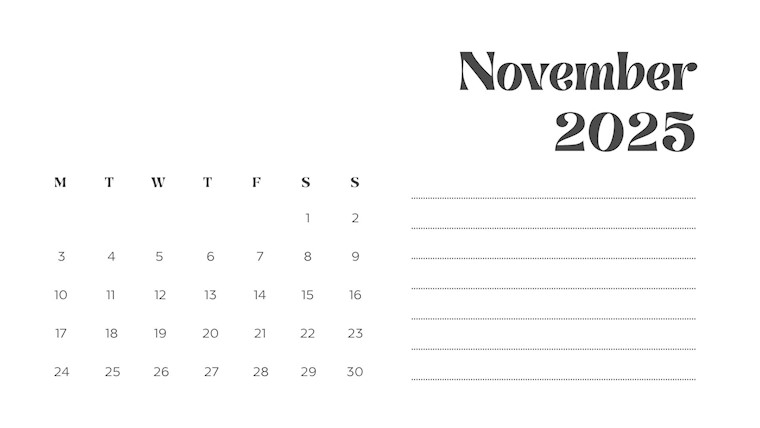 simple black and white november 2025 calendar
